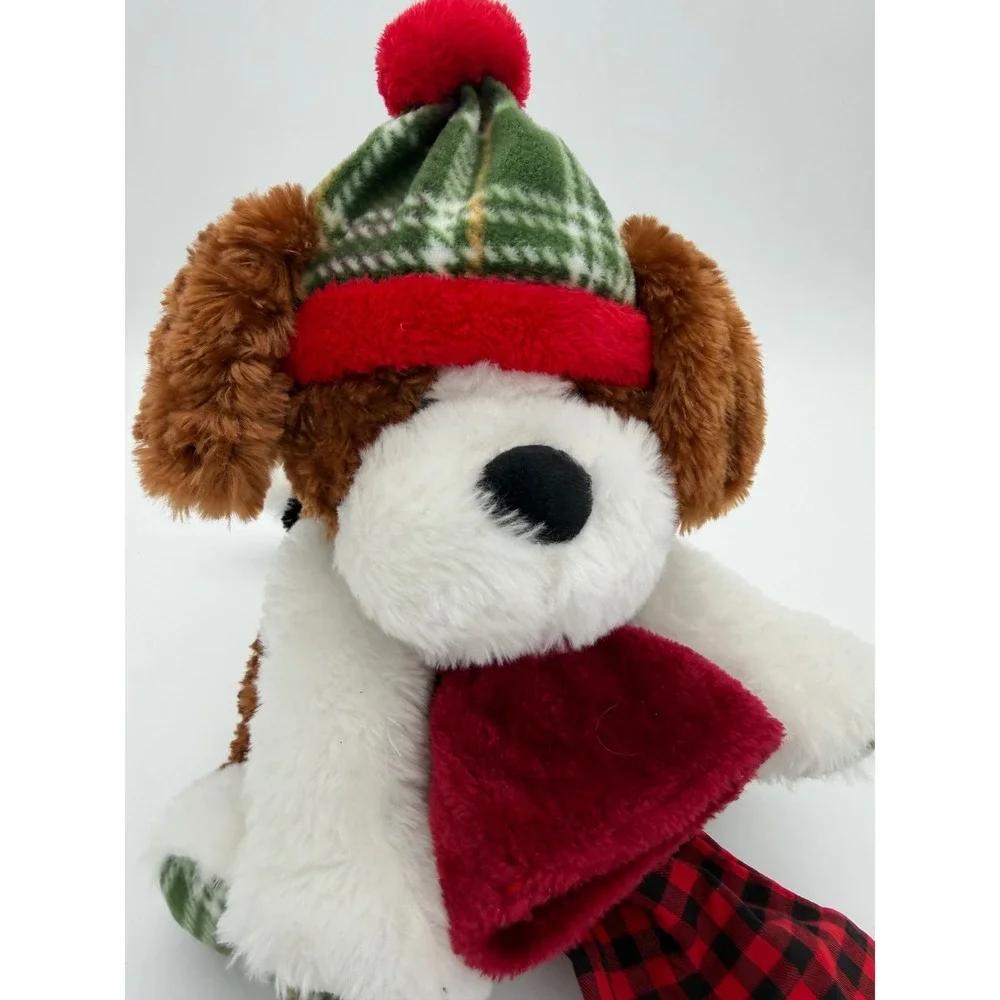 GT Gentle Treasures Holiday Plush Puppy Dog Green Plaid Hat Scarf Stuffed Animal